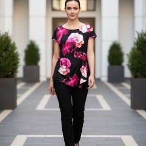 INC International Concepts Black and Pink Floral Blouse